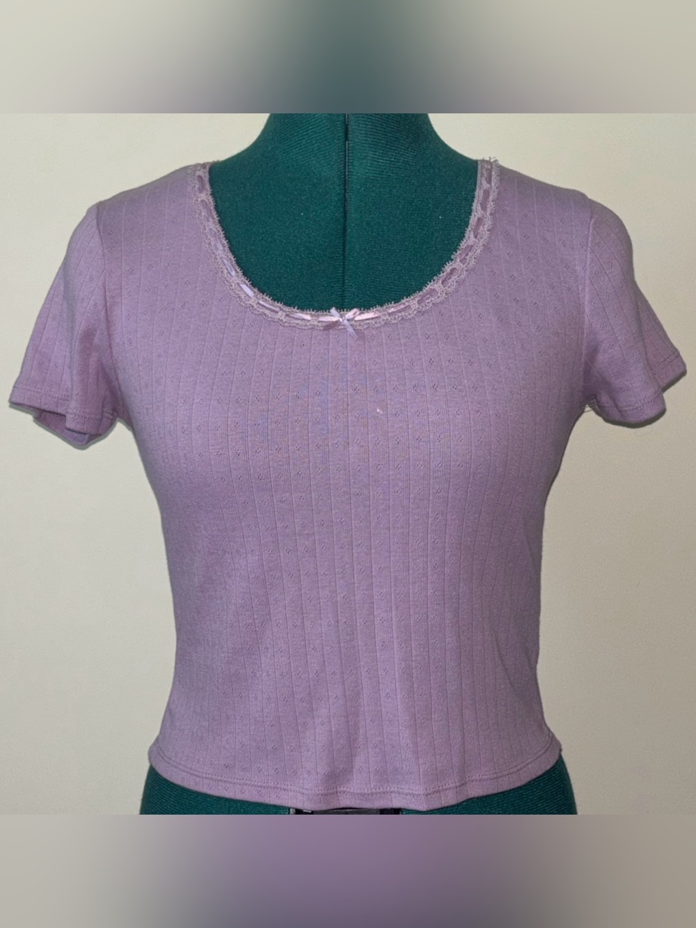 SO Lavender Pointelle Lace Bow Baby Tee Coquette Y2K Top S